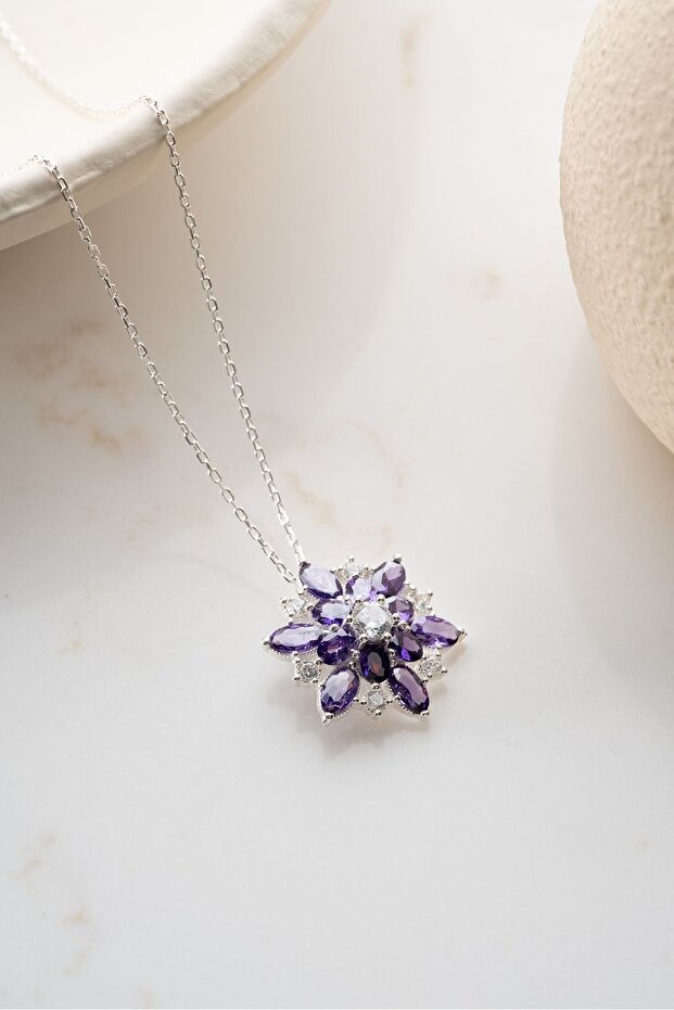 Gümüş Mor Oval Zirkon Taşlı Lotus