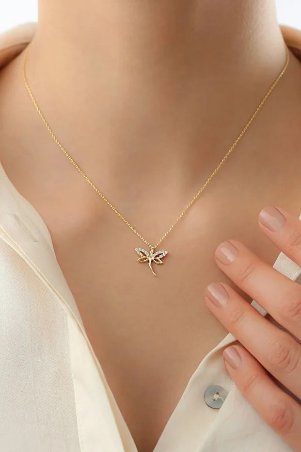 Gümüş Gold Zirkon Taşlı Minimal Yusufçuk Kolye