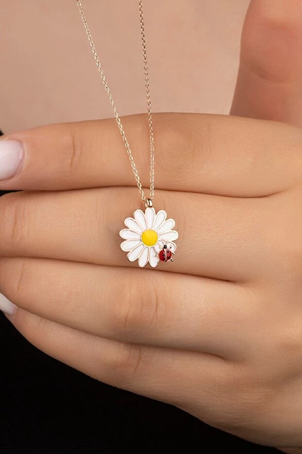 Gümüş Rose Uğur Böceği Papatya Kolye