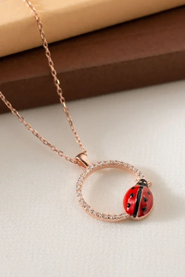 Gümüş Uğur Böcekli Halka Kolye