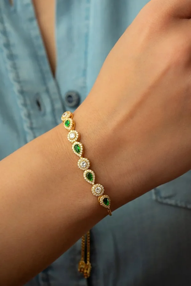 Gümüş Yeşil Damla Taşlı Asansörlü Bileklik