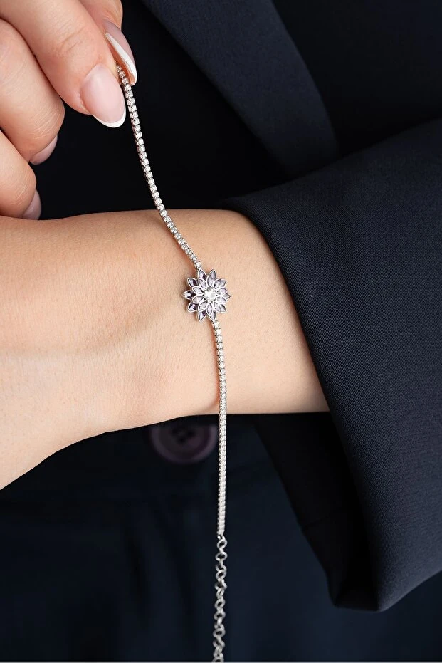 Gümüş Mor Taşlı Lotus Su Yolu Bileklik