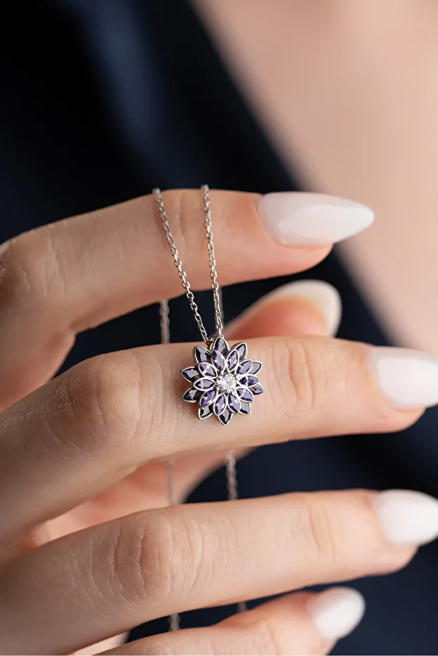 Gümüş Zirkon Mor Taşlı Lotus Kolye