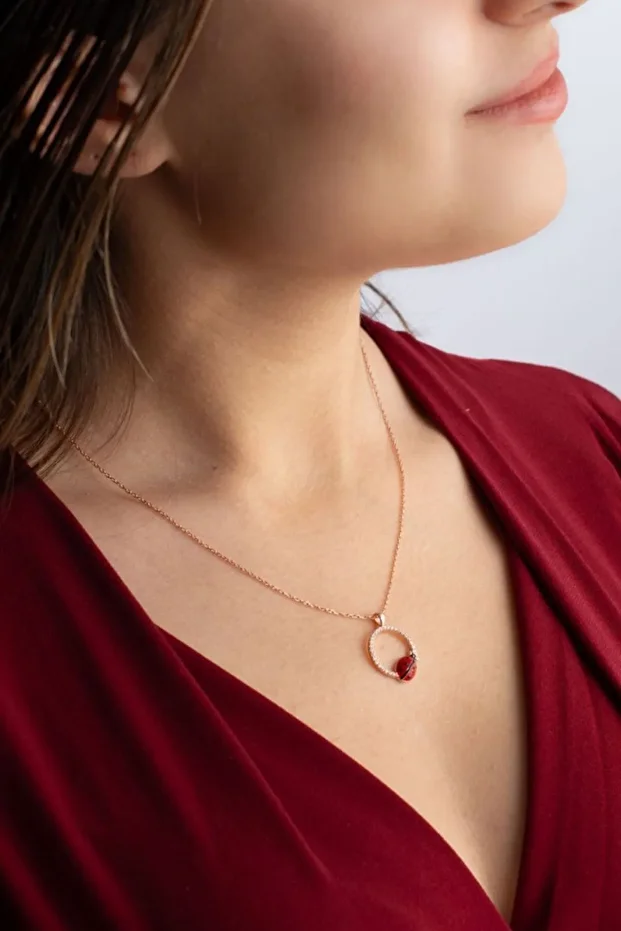 Gümüş Uğur Böcekli Halka Kolye