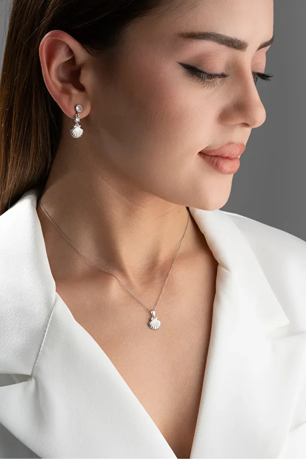 Gümüş İstiridye Kolye Küpe Set
