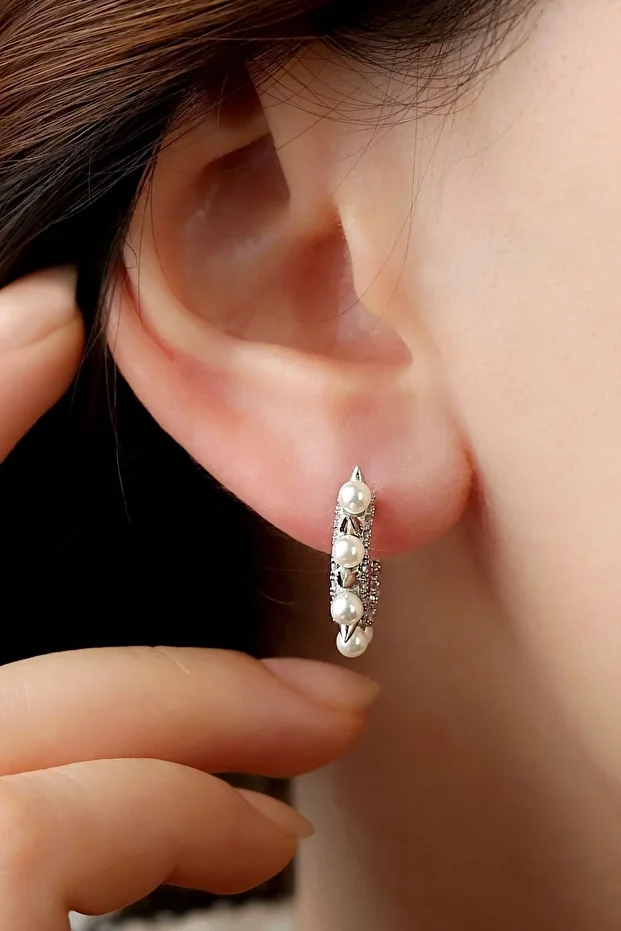 Gümüş Inci Taş Detaylı Küpe