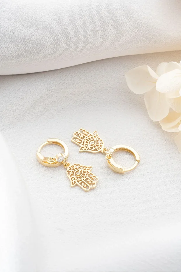 Gümüş Çift Taşlı Fatma Ana Eli Küpe