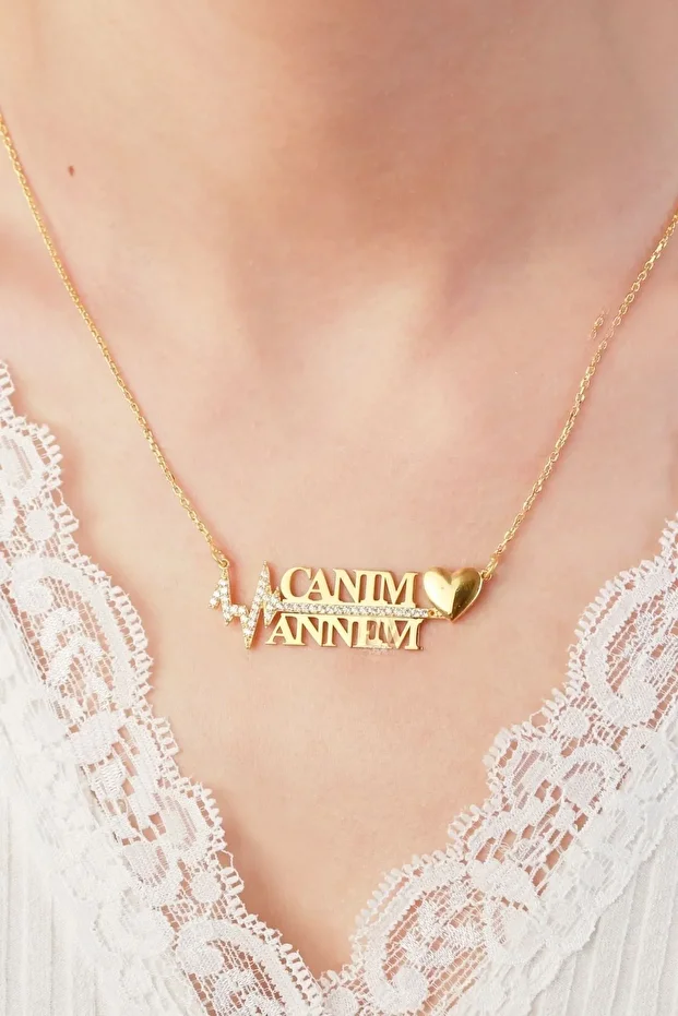 Gold Zirkon Taşlı Annem Gümüş Kolye