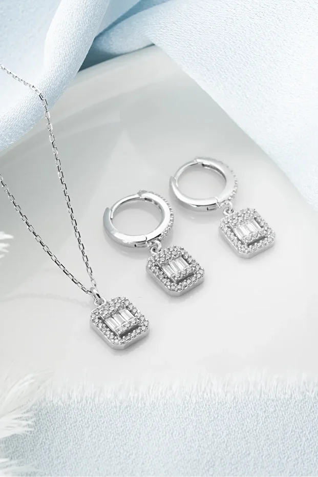 Gümüş Baget Kolye Küpe Set