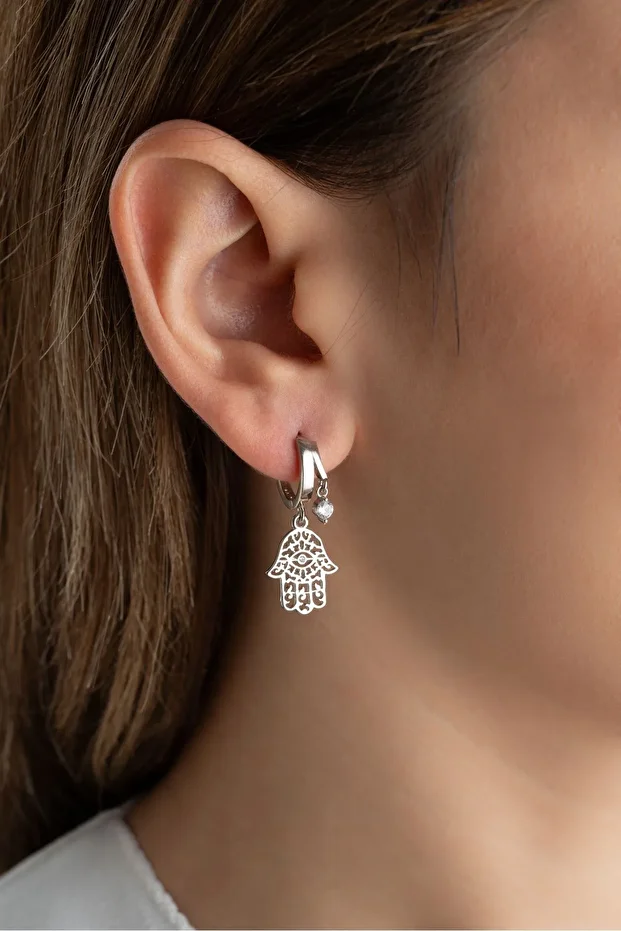 Gümüş Çift Taşlı Fatma Ana Eli Küpe