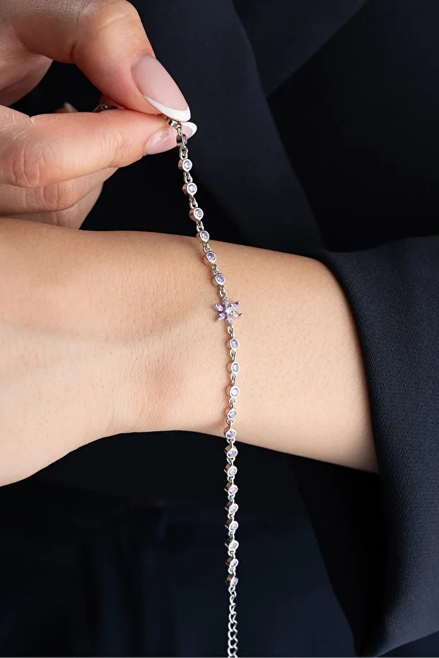 Gümüş Lila Taşlı Lotus Su Yolu Bileklik