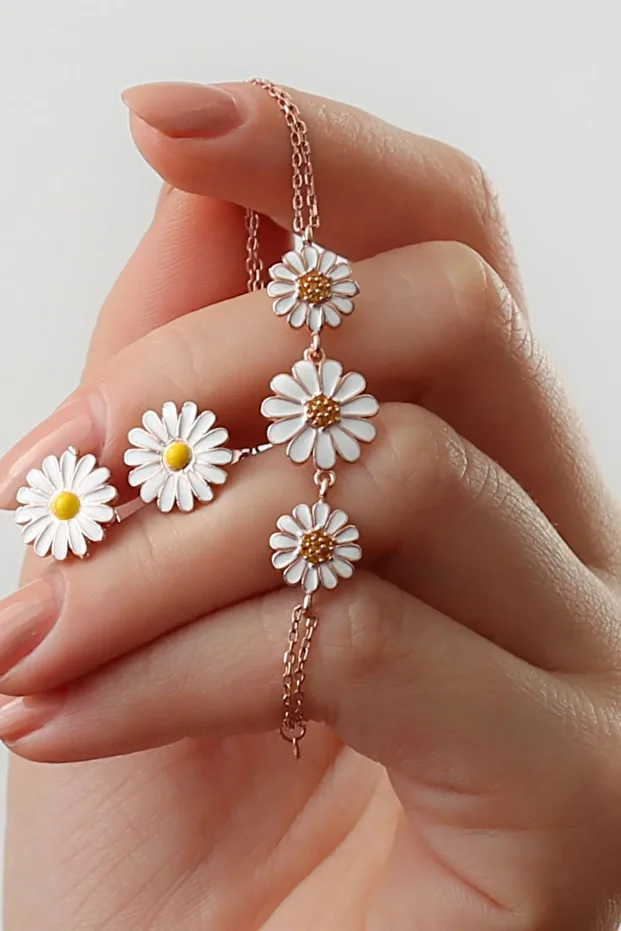 Gümüş Papatya Bileklik Küpe Set