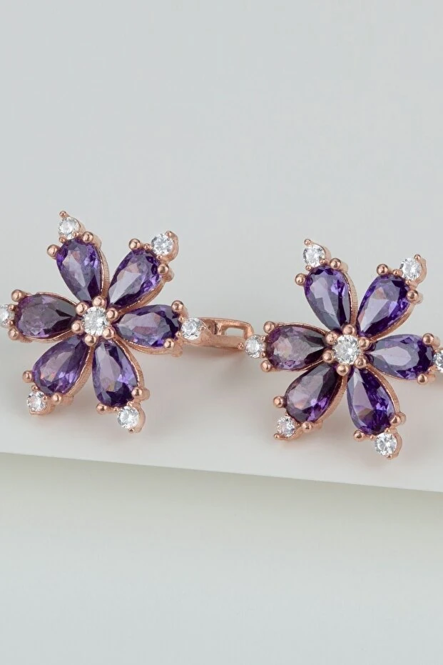 Gümüş Mor Lotus Çiçeği Küpe