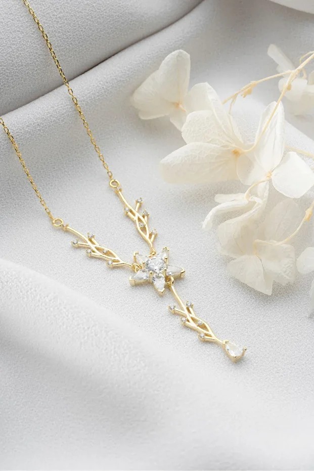 Gold Zirkon Damla Taşlı Sarmaşık Gümüş Kolye