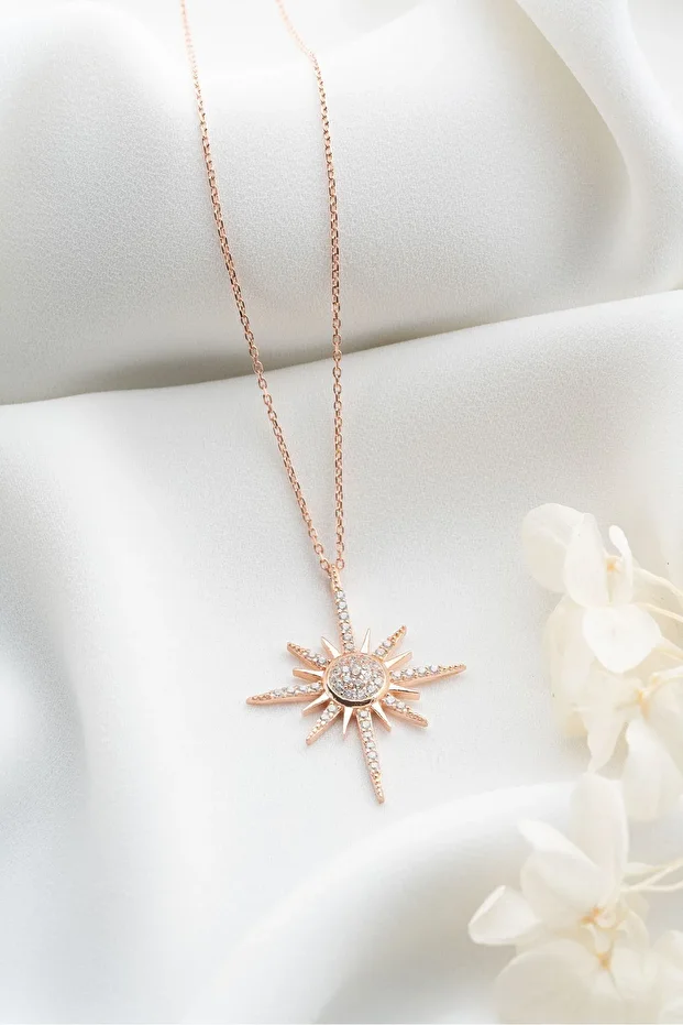 Gümüş Rose Zirkon Taşlı Kutup Yıldızı Kolye