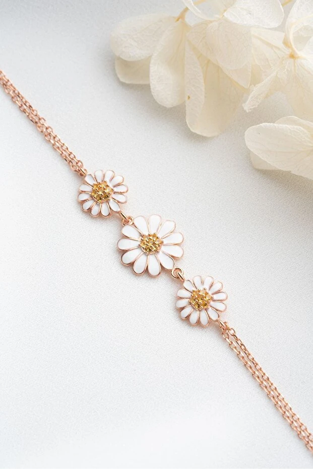 Üçlü Papatya Model Rose Gümüş Bileklik