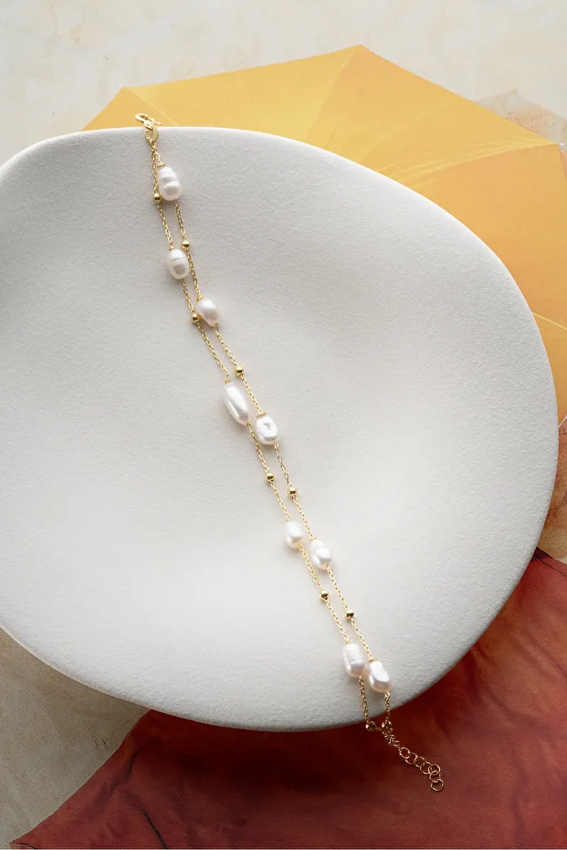 Gümüş Çift Sıra İncili Zincir Bileklik