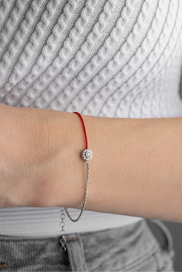 Gümüş Baget Taşlı Kırmızı İpli Bileklik