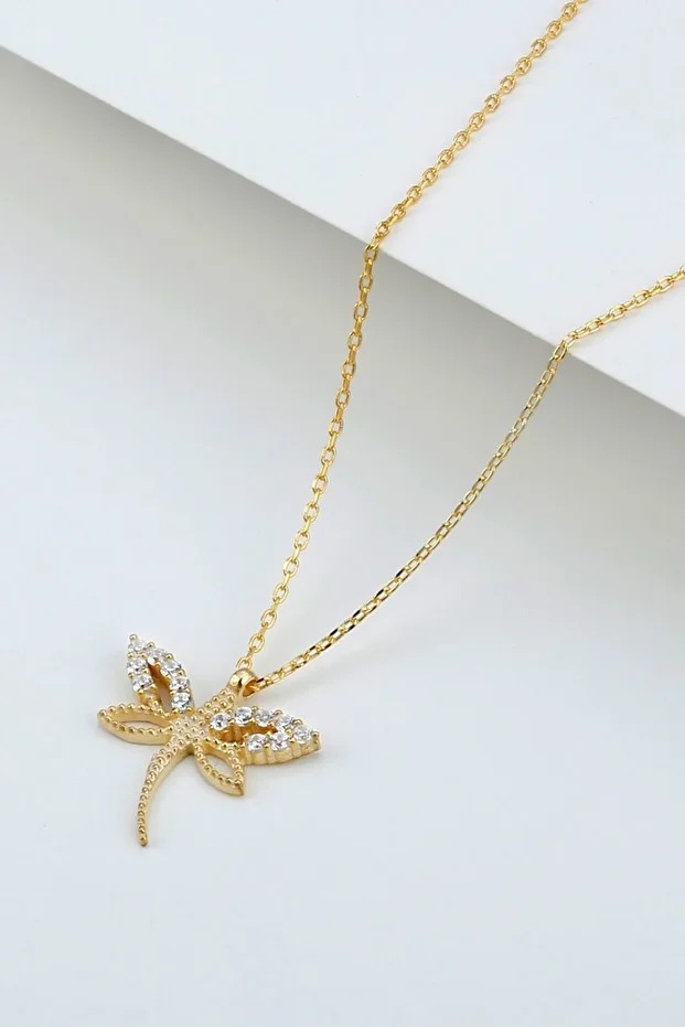Gümüş Gold Zirkon Taşlı Minimal Yusufçuk Kolye