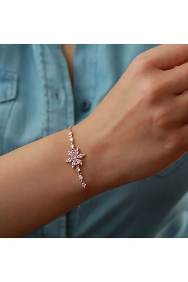Rose Mor Taşlı Lotus Gümüş Bileklik