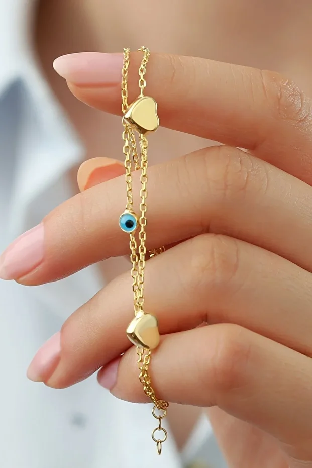 Gümüş Kalpli Nazarlı Çiftli Bileklik