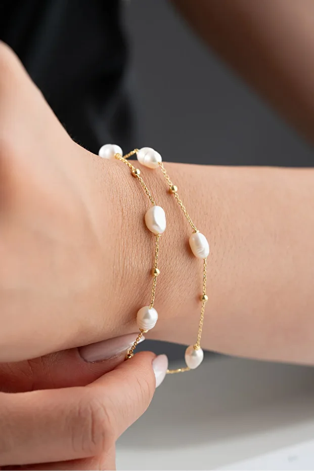 Gümüş Çift Sıra İncili Zincir Bileklik