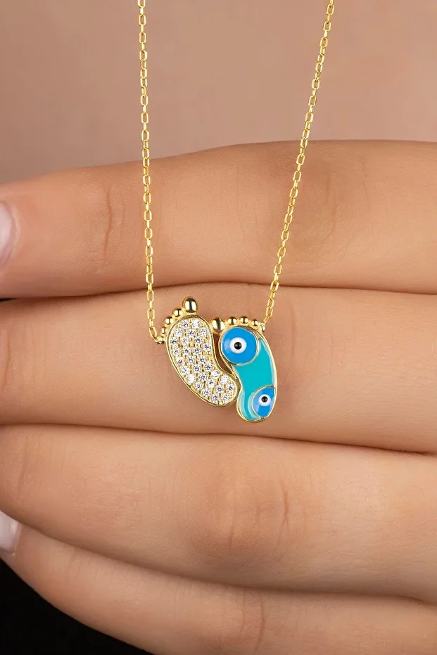 Gold Zirkon Taşli Nazarlı Ayak Gümüş Kolye