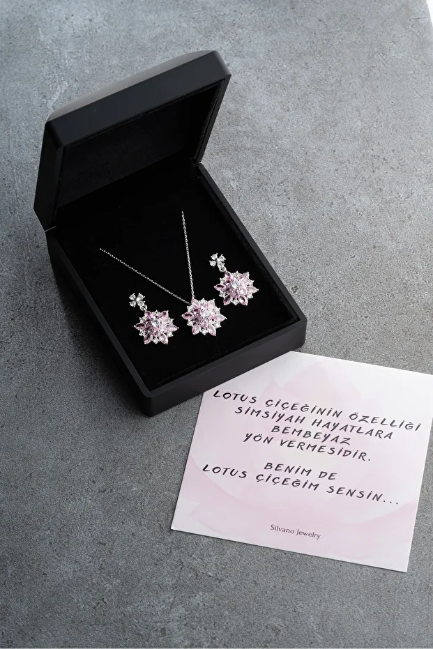 gümüş Işıklı Kutu Pembe Oval Taşlı Takı (Kolye-Küpe) Seti