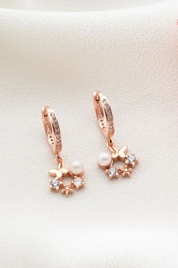 Gümüş İncili Kelebek Küpe