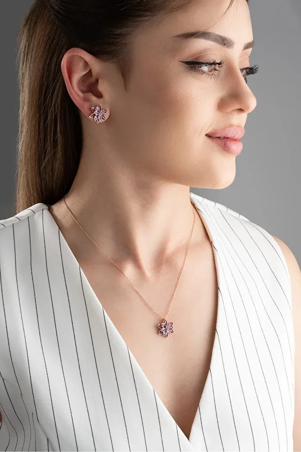 Lotus Çiçeği Gümüş Kolye Küpe Set