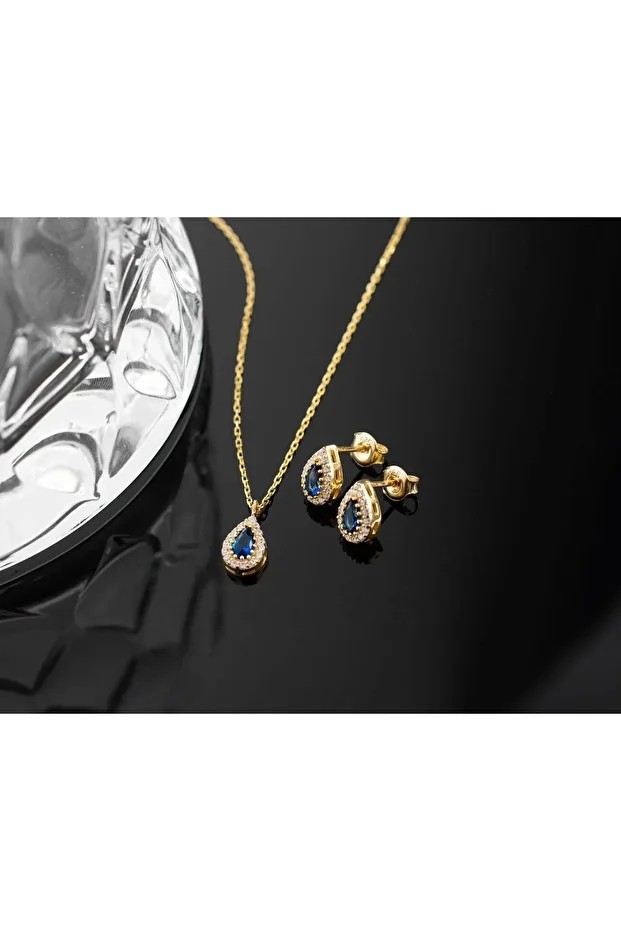Gümüş Eylül Ayı Doğum Taşı ( Sapphire ) Kolye - Küpe Seti