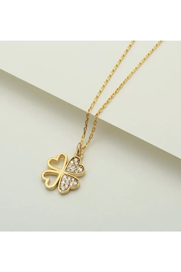 Gold Yonca Zirkon Taşlı Gümüş Kolye