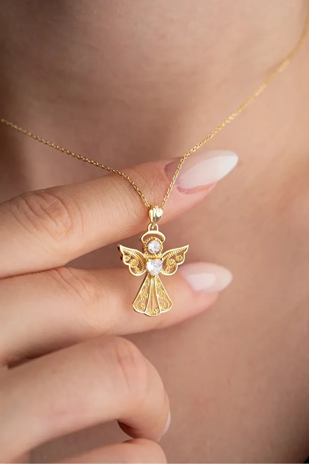 Gümüş Gold Kalp Tektaş Melek Kolye