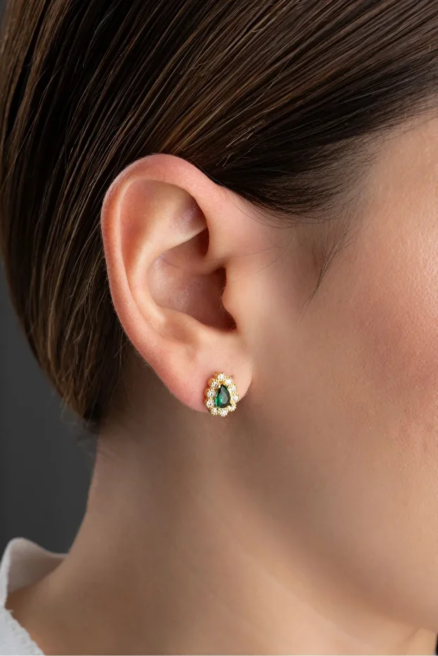 Gümüş Zümrüt Yeşili Minik Damla Küpe