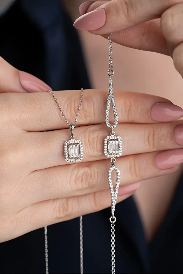 Gümüş Baget Taşlı (Kolye-Bileklik) Set