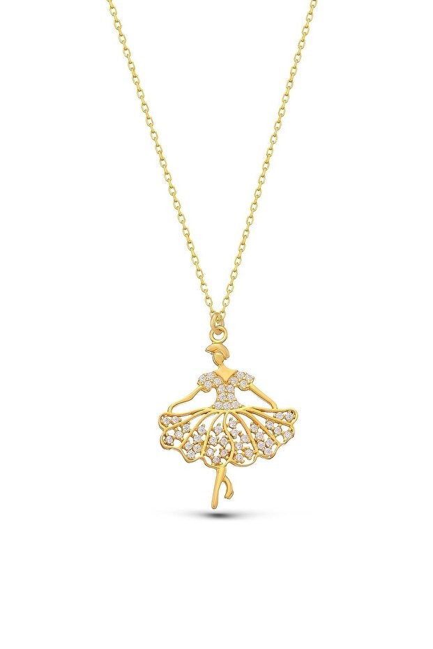 Balerin Zirkon Taşlı Gold Gümüş Kolye