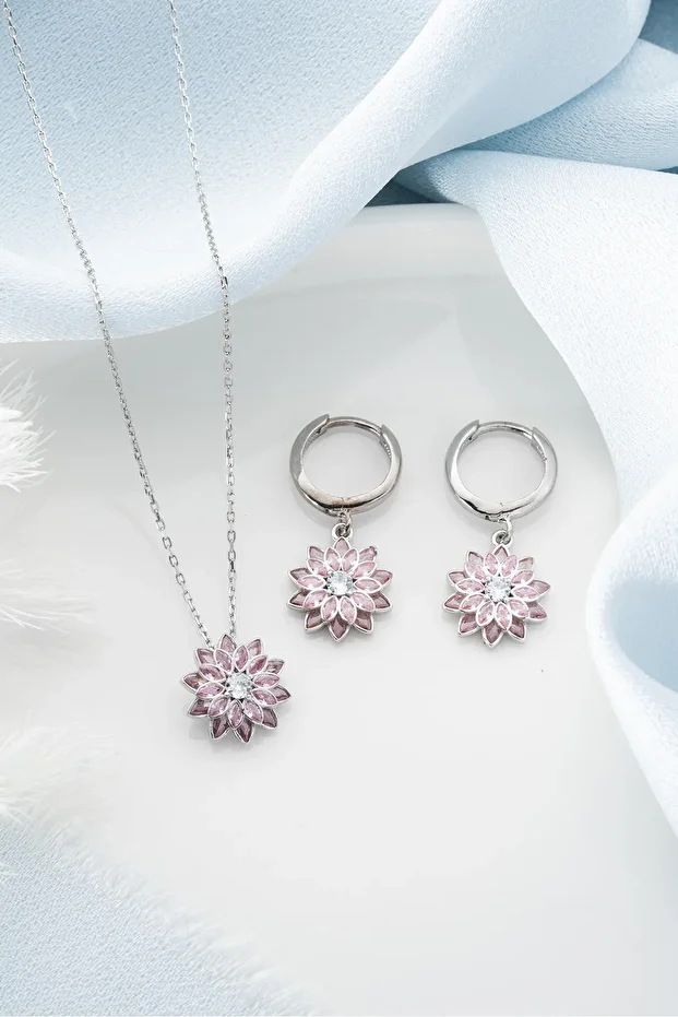 Gümüş Pembe Taşlı Kolye Küpe Set