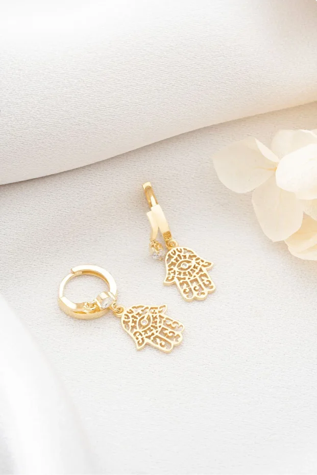 Gümüş Çift Taşlı Fatma Ana Eli Küpe