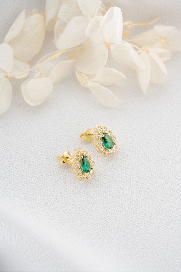 Gümüş Zümrüt Yeşili Minik Damla Küpe