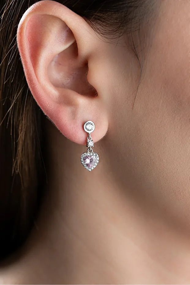 Gümüş Zirkon Taşlı Pembe Kalp Küpe