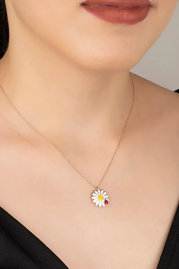 Gümüş Rose Uğur Böceği Papatya Kolye
