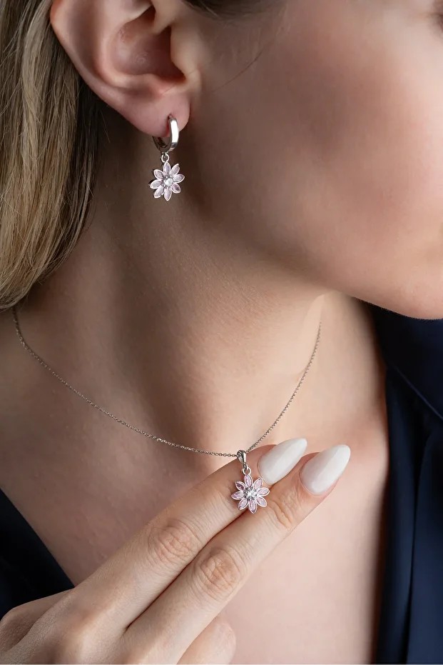 Gümü Pembe Taşlı Lotus Takı (Kolye-Küpe) Seti
