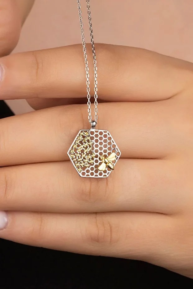 Rodyum Arılı Petek Gümüş Kolye