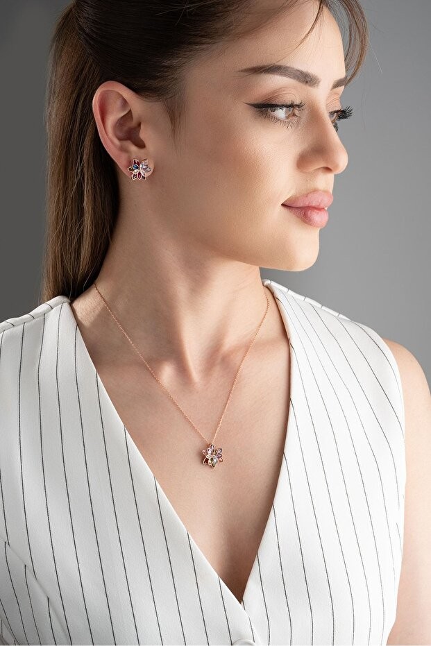 Lotus Çiçeği Gümüş Kolye Küpe Set