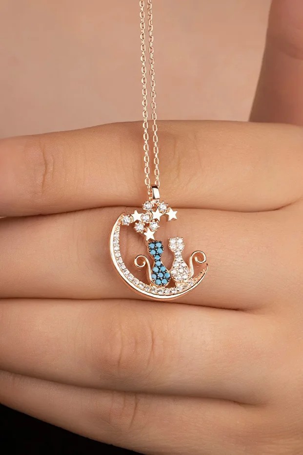 Gümüş Rose Yıldızlı Kediler Kolye