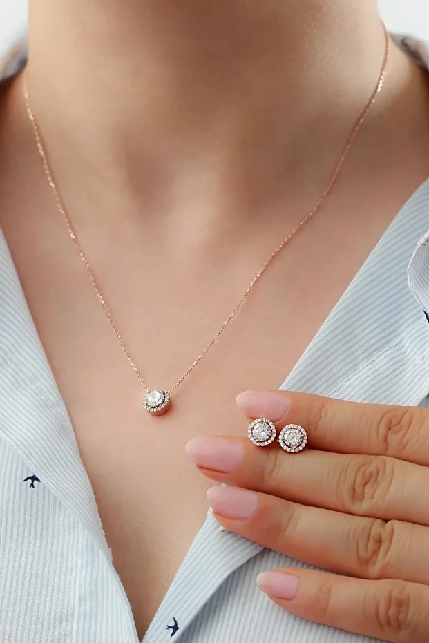 Gümüş Pırlanta Model Kolye Küpe Seti ( Rose Gold )