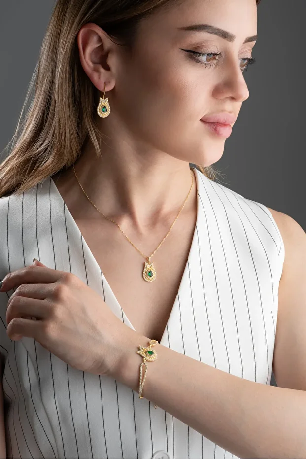 Gümüş Zümrüt Yeşili Lale Takı Seti