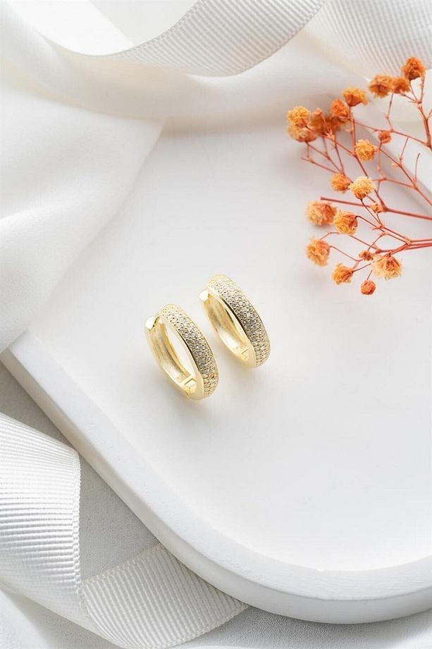 Gold Sıra Taşlı Halka Gümüş Küpe