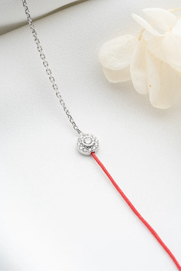Gümüş Baget Taşlı Kırmızı İpli Bileklik