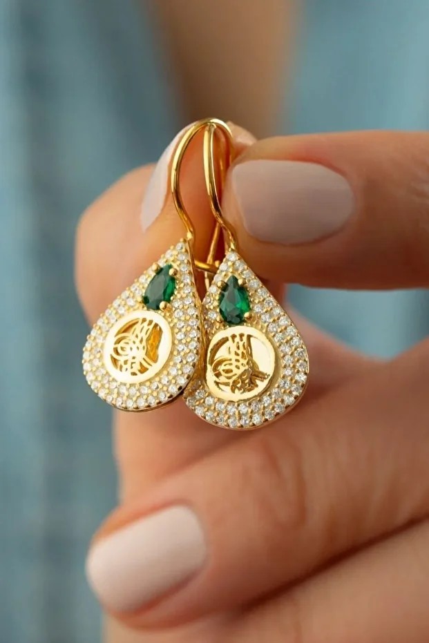 Gold Zirkon Taşlı Tuğralı Gümüş Küpe